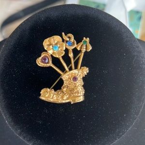 Vintage Goldette boot with hat pins (snake, bee, flower, and heart.) approx 1.5”